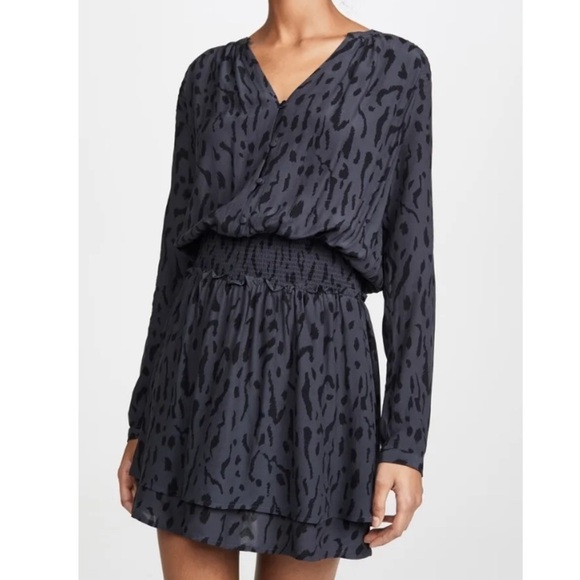 Rails Jasmine Long Sleeve Mini Dress Ash Gray Cheetah Leopard Print Smocked S - Picture 9 of 15